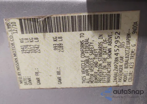 2011 Nissan Altima 2.5 S from USA, damaged, VIN 1N4AL2AP2BN452952